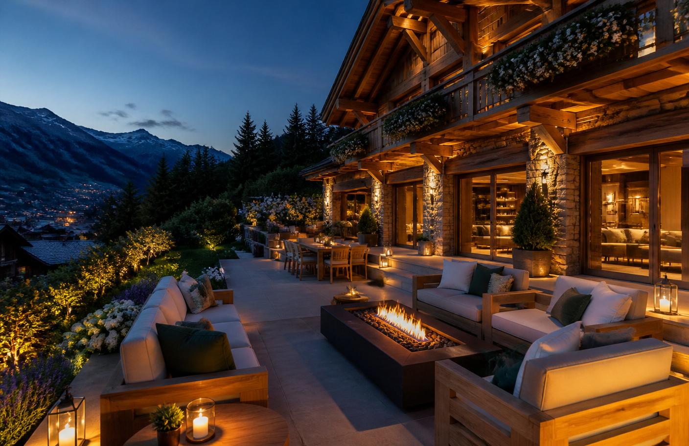 Terrasse de chalet éclairée au crépuscule