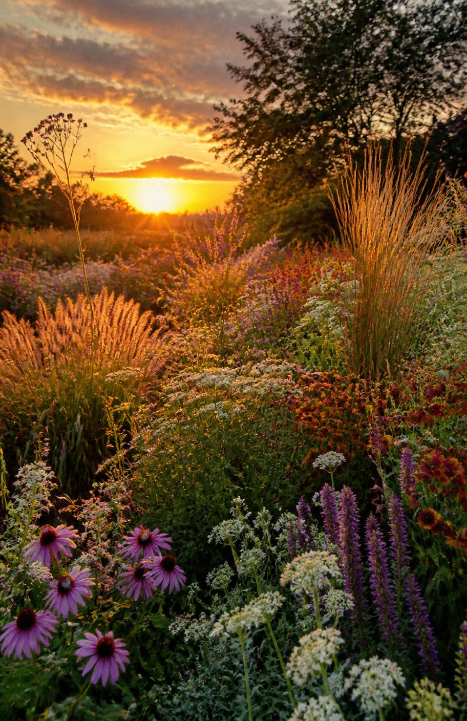 Prairie fleurie au coucher du soleil
