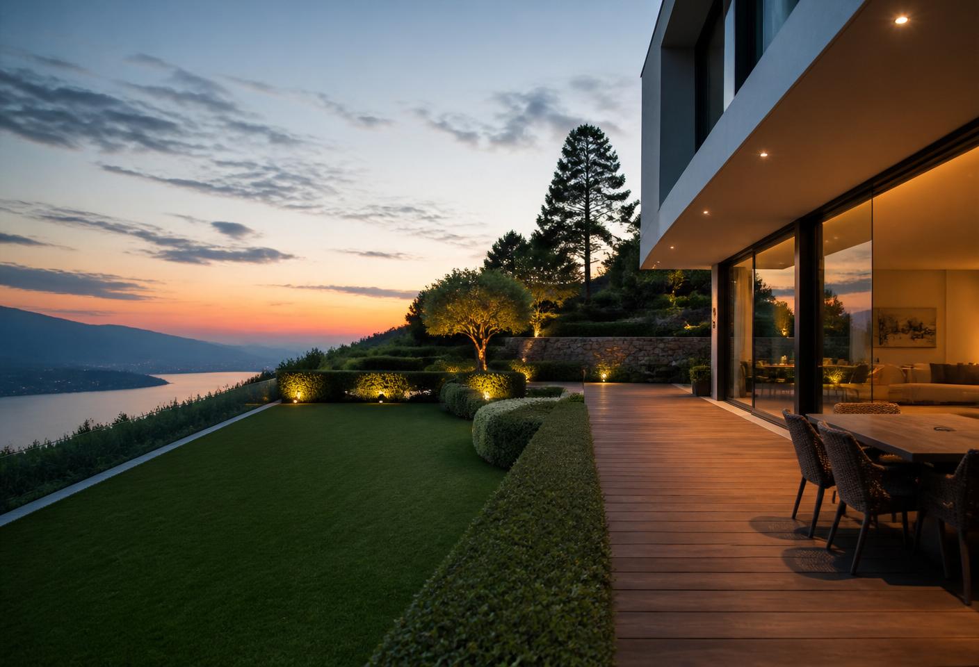 Villa contemporaine avec terrasse et vue lac